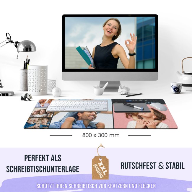 XXL Mousepad mit Fotocollage f&uuml;r 5 Fotos selbst gestalten - inkl. Wunschtext - 800 x 300 mm