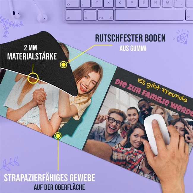 XXL Mousepad mit Fotocollage f&uuml;r 5 Fotos selbst gestalten - inkl. Wunschtext - 800 x 300 mm