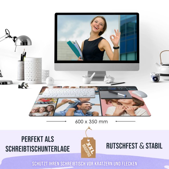 XXL Mousepad mit Fotocollage f&uuml;r 7 Fotos selbst gestalten - inkl. Wunschtext - 600 x 350 mm