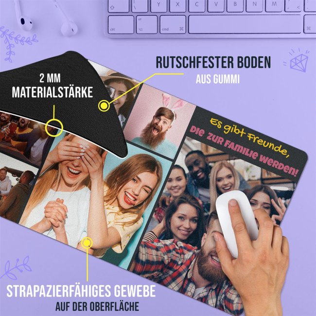 XXL Mousepad mit Fotocollage f&uuml;r 7 Fotos selbst gestalten - inkl. Wunschtext - 600 x 350 mm