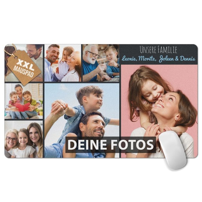 XXL Mousepad mit Fotocollage f&uuml;r 7 Fotos selbst gestalten - inkl. Wunschtext - 600 x 350 mm