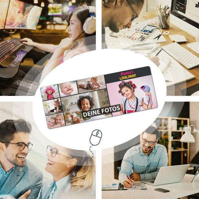 XXL Mousepad mit Fotocollage f&uuml;r 7 Fotos selbst gestalten - inkl. Wunschtext - 800 x 300 mm
