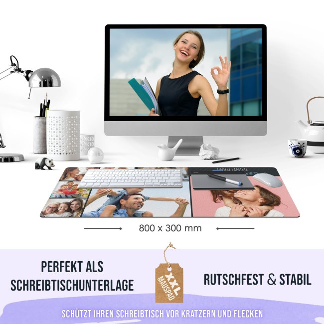 XXL Mousepad mit Fotocollage f&uuml;r 7 Fotos selbst gestalten - inkl. Wunschtext - 800 x 300 mm