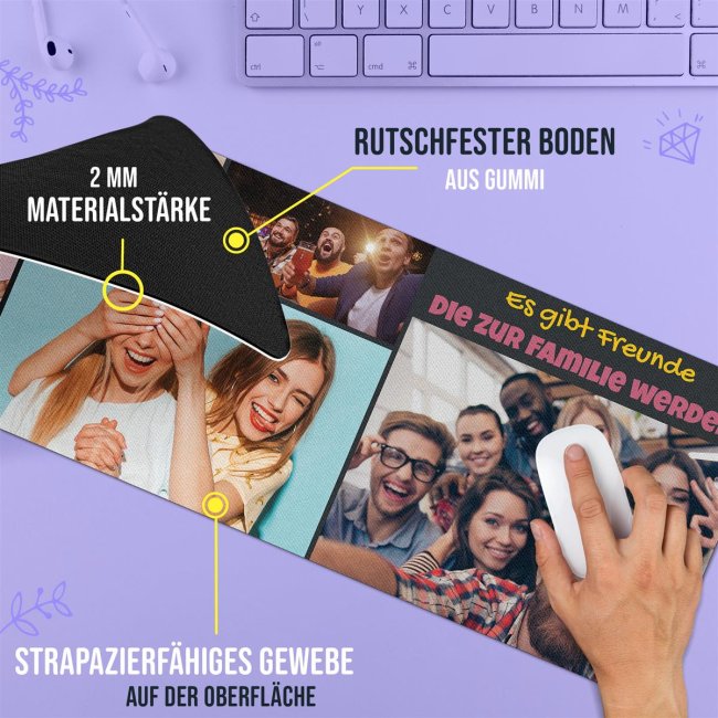 XXL Mousepad mit Fotocollage f&uuml;r 7 Fotos selbst gestalten - inkl. Wunschtext - 800 x 300 mm