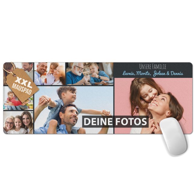 XXL Mousepad mit Fotocollage f&uuml;r 7 Fotos selbst gestalten - inkl. Wunschtext - 800 x 300 mm