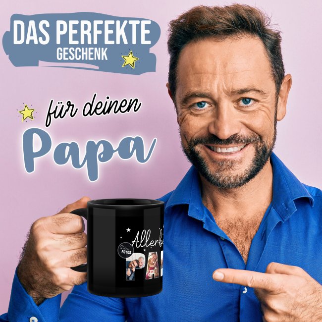 Hochgl&auml;nzende, schwarze Tasse - Allerbester Papa - mit 4 Fotos gestalten