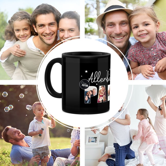 Hochgl&auml;nzende, schwarze Tasse - Allerbester Papa - mit 4 Fotos gestalten
