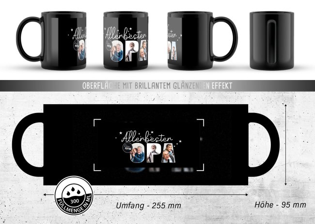 Hochgl&auml;nzende, schwarze Tasse - Allerbester Opa - mit 3 Fotos gestalten