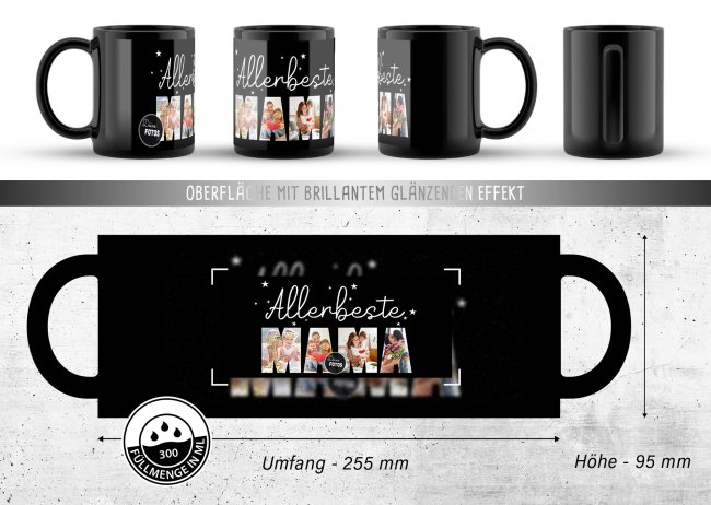 Hochgl&auml;nzende, schwarze Tasse - Allerbeste Mama - mit 4 Fotos gestalten
