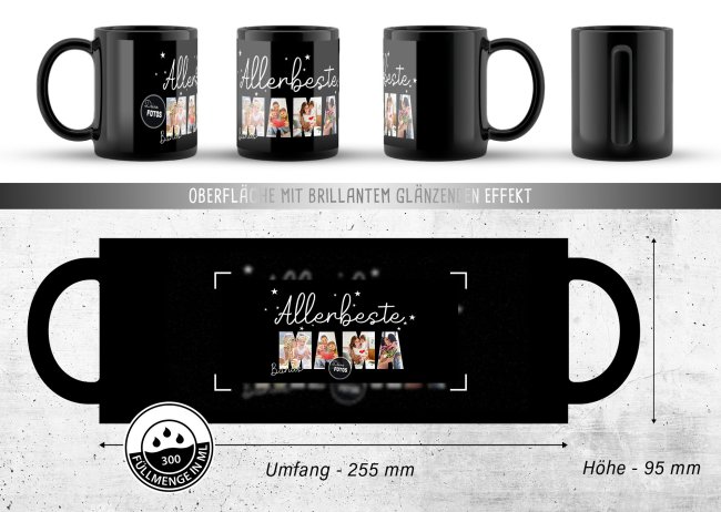 Hochgl&auml;nzende, schwarze Tasse - Allerbeste Bonus-Mama - mit 4 Fotos gestalten
