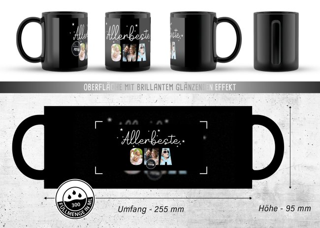 Hochgl&auml;nzende, schwarze Tasse - Allerbeste Oma - mit 3 Fotos gestalten