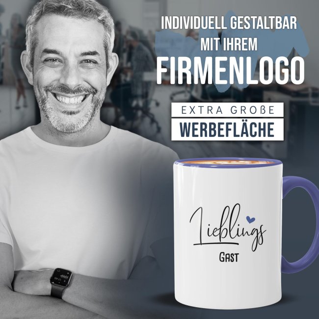 Tasse f&uuml;r Lieblings-Gast - personalisierbar mit Firmenlogo - Innen &amp; Henkel Cambridge Blau