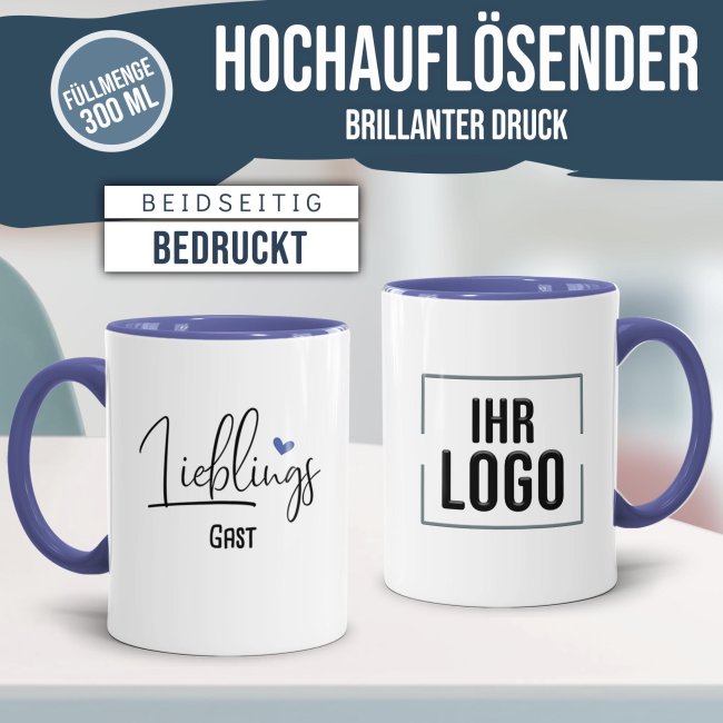 Tasse f&uuml;r Lieblings-Gast - personalisierbar mit Firmenlogo - Innen &amp; Henkel Cambridge Blau