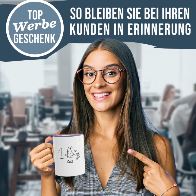 Tasse f&uuml;r Lieblings-Gast - personalisierbar mit Firmenlogo - Innen &amp; Henkel Cambridge Blau