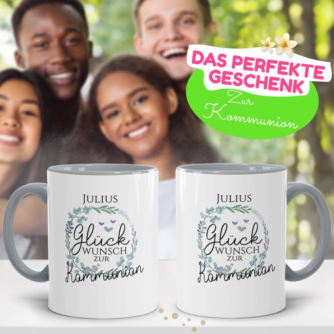 Tasse zur Kommunion - Kranz - Gl&uuml;ckwunsch - mit Name personalisierbar - Innen &amp; Henkel Grau