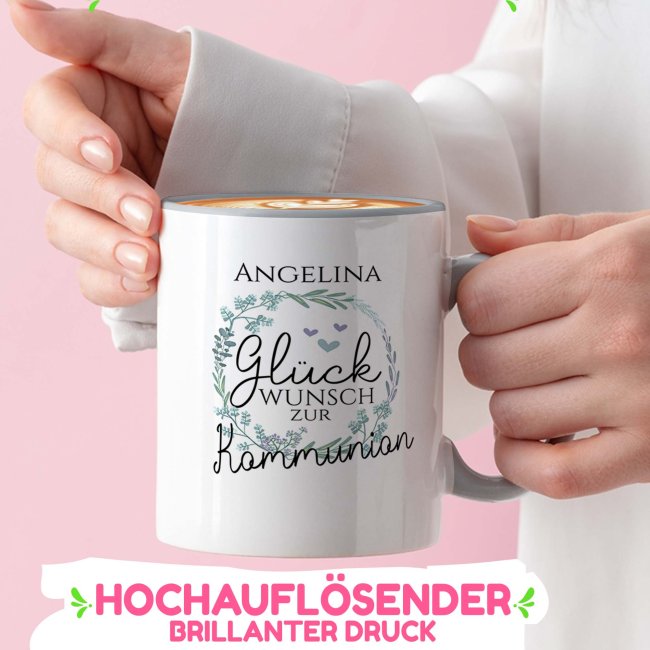 Tasse zur Kommunion - Kranz - Gl&uuml;ckwunsch - mit Name personalisierbar - Innen &amp; Henkel Grau