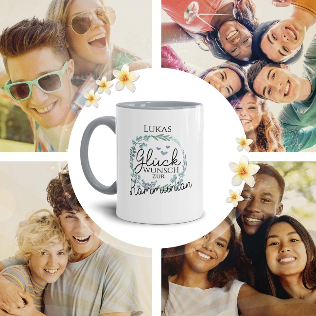 Tasse zur Kommunion - Kranz - Gl&uuml;ckwunsch - mit Name personalisierbar - Innen &amp; Henkel Grau
