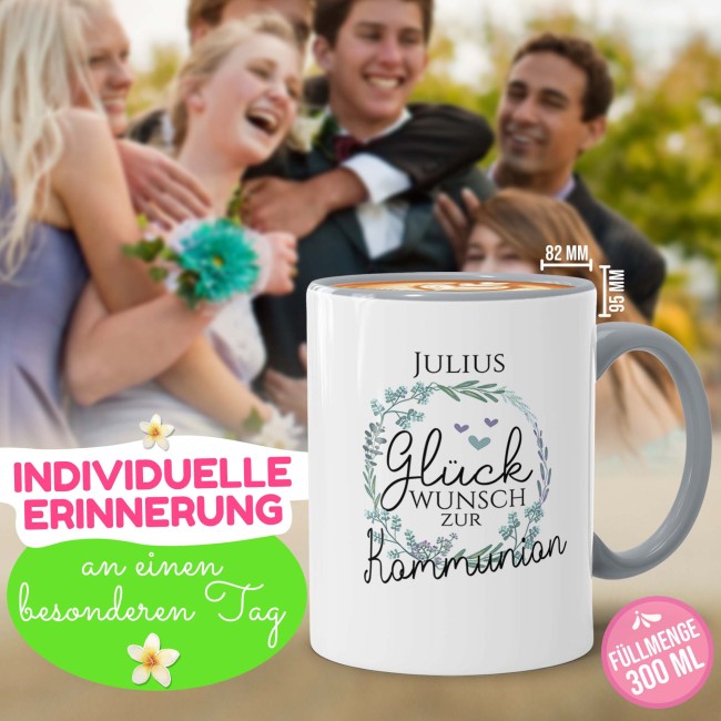 Tasse zur Kommunion - Kranz - Gl&uuml;ckwunsch - mit Name personalisierbar - Innen &amp; Henkel Grau