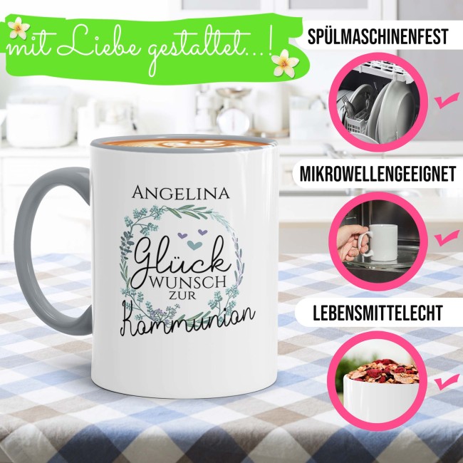 Tasse zur Kommunion - Kranz - Gl&uuml;ckwunsch - mit Name personalisierbar - Innen &amp; Henkel Grau