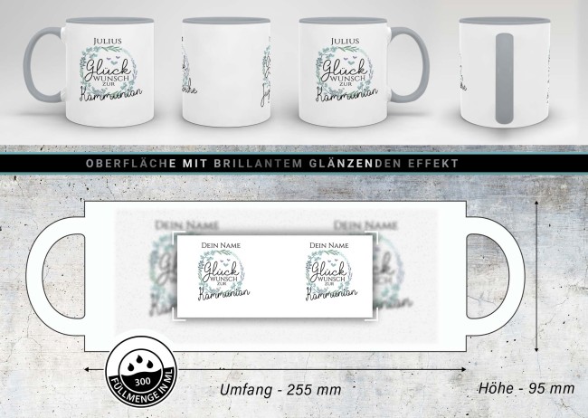 Tasse zur Kommunion - Kranz - Gl&uuml;ckwunsch - mit Name personalisierbar - Innen &amp; Henkel Grau