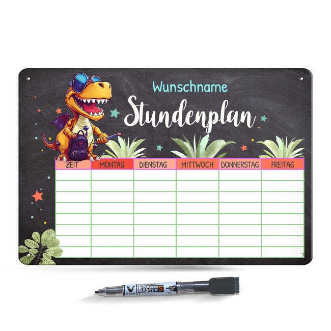 Abwischbarer Stundenplan - Metallschild magnetisch inkl. Stift - T-Rex - mit Name personalisierbar - Einschulungsgeschenk