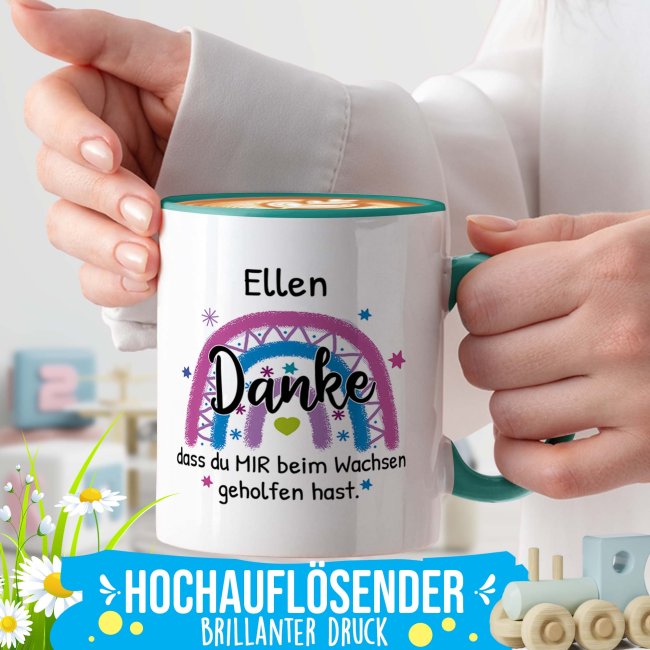 Erzieherin-Tasse - Danke, dass du mir beim Wachsen geholfen hast - Regenbogen Pink - mit Name - T&uuml;rkis