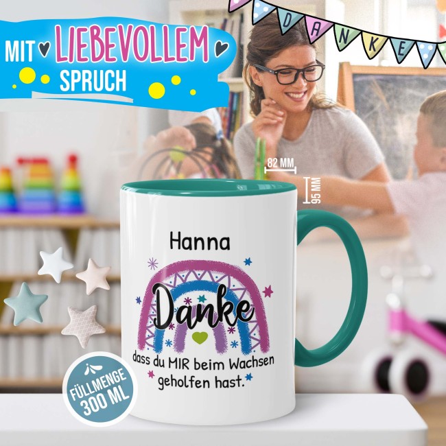 Erzieherin-Tasse - Danke, dass du mir beim Wachsen geholfen hast - Regenbogen Pink - mit Name - T&uuml;rkis