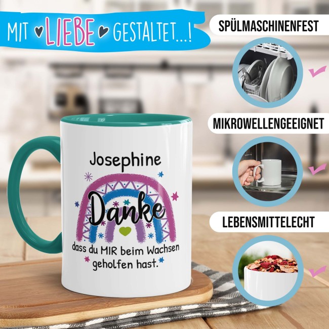 Erzieherin-Tasse - Danke, dass du mir beim Wachsen geholfen hast - Regenbogen Pink - mit Name - T&uuml;rkis