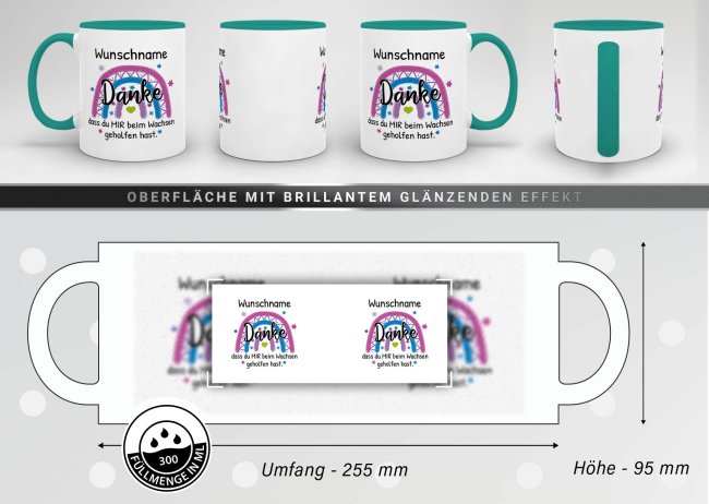 Erzieherin-Tasse - Danke, dass du mir beim Wachsen geholfen hast - Regenbogen Pink - mit Name - T&uuml;rkis