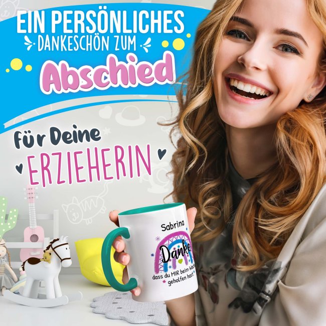 Erzieherin-Tasse - Danke, dass du mir beim Wachsen geholfen hast - Regenbogen Pink - mit Name - T&uuml;rkis