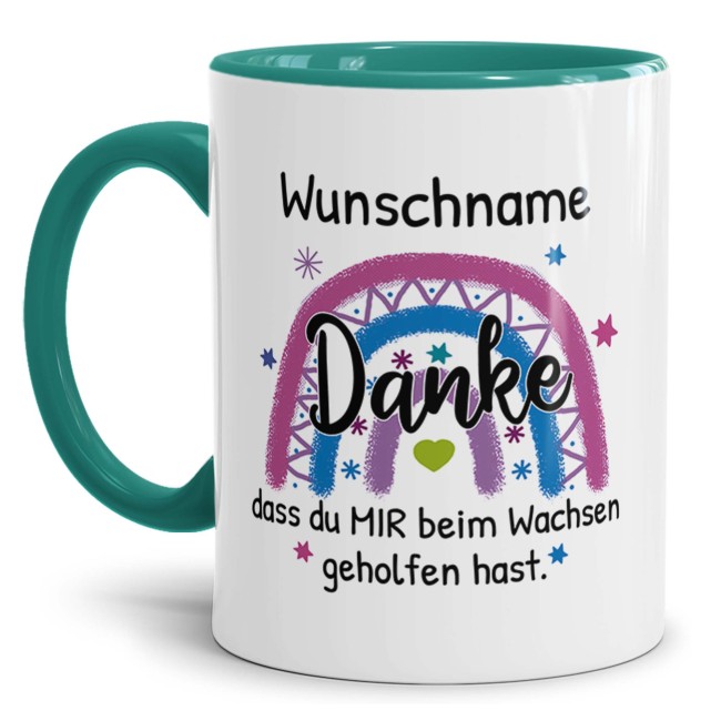 Erzieherin-Tasse - Danke, dass du mir beim Wachsen geholfen hast - Regenbogen Pink - mit Name - T&uuml;rkis