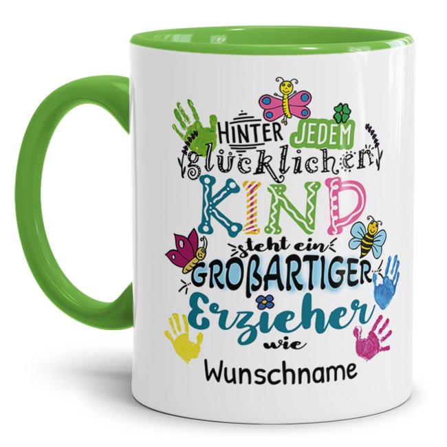 Tasse f&uuml;r Erzieher - Hinter jedem Kind - bunt - mit Name personalisierbar - Hellgr&uuml;n