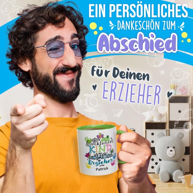 Tasse f&uuml;r Erzieher - Hinter jedem Kind - bunt - mit Name personalisierbar - Hellgr&uuml;n