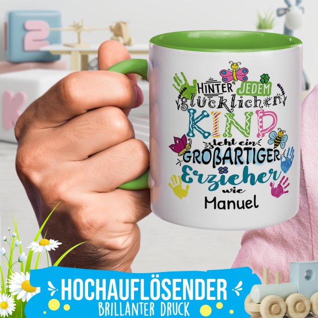Tasse f&uuml;r Erzieher - Hinter jedem Kind - bunt - mit Name personalisierbar - Hellgr&uuml;n