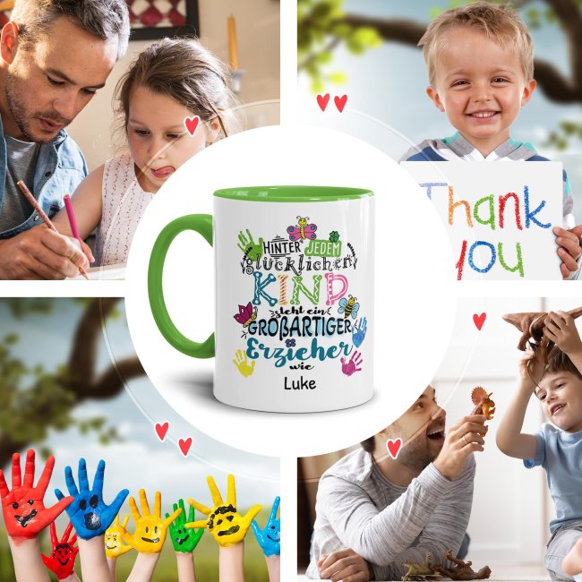 Tasse f&uuml;r Erzieher - Hinter jedem Kind - bunt - mit Name personalisierbar - Hellgr&uuml;n