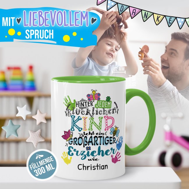 Tasse f&uuml;r Erzieher - Hinter jedem Kind - bunt - mit Name personalisierbar - Hellgr&uuml;n