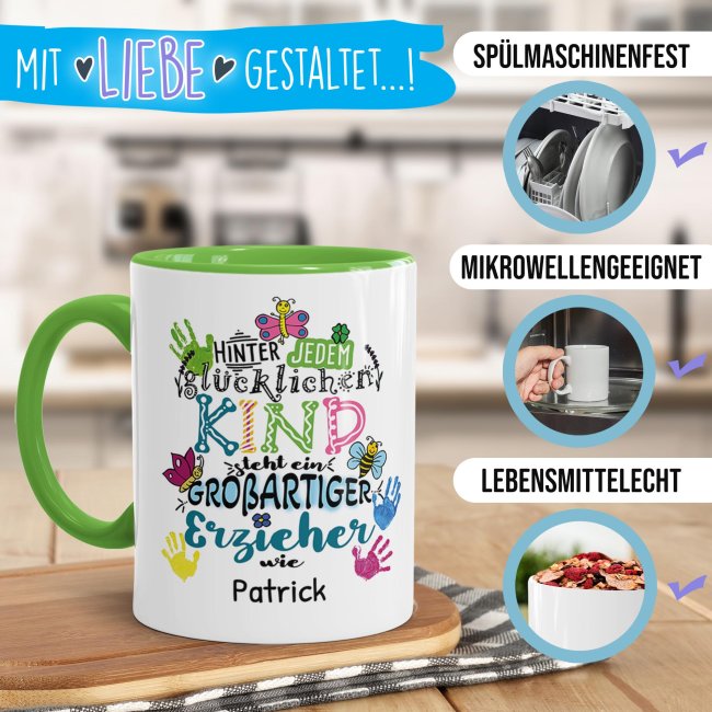 Tasse f&uuml;r Erzieher - Hinter jedem Kind - bunt - mit Name personalisierbar - Hellgr&uuml;n