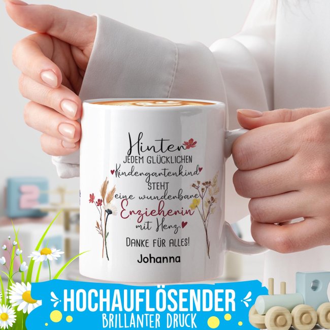 Tasse f&uuml;r Erzieherin - Hinter jedem Kind - Blumen - mit Name personalisierbar - Wei&szlig;