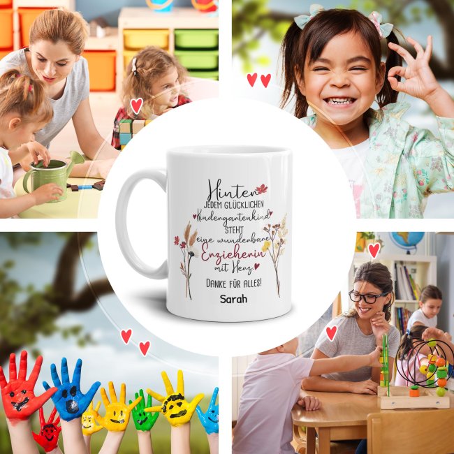 Tasse f&uuml;r Erzieherin - Hinter jedem Kind - Blumen - mit Name personalisierbar - Wei&szlig;