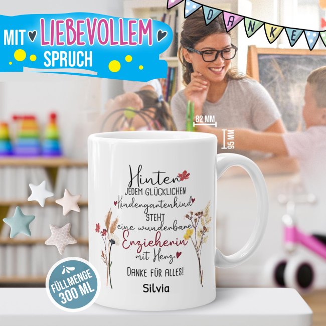 Tasse f&uuml;r Erzieherin - Hinter jedem Kind - Blumen - mit Name personalisierbar - Wei&szlig;