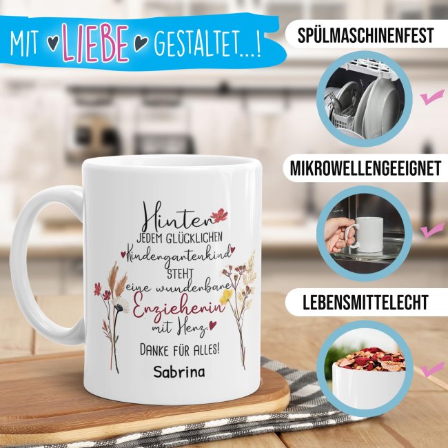 Tasse f&uuml;r Erzieherin - Hinter jedem Kind - Blumen - mit Name personalisierbar - Wei&szlig;
