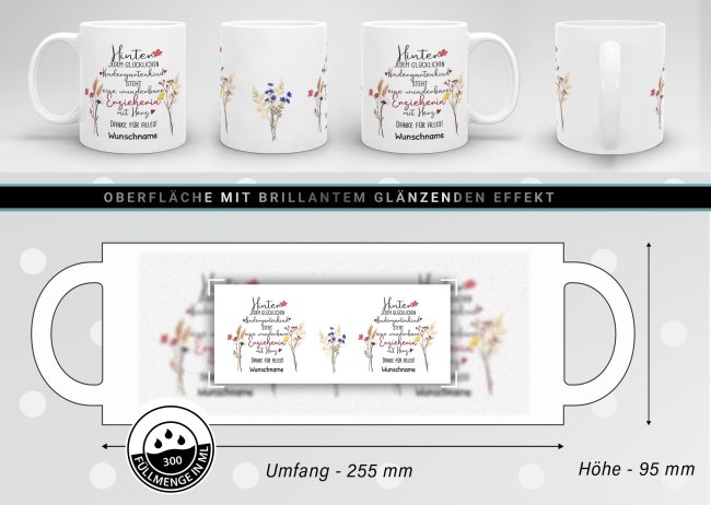 Tasse f&uuml;r Erzieherin - Hinter jedem Kind - Blumen - mit Name personalisierbar - Wei&szlig;