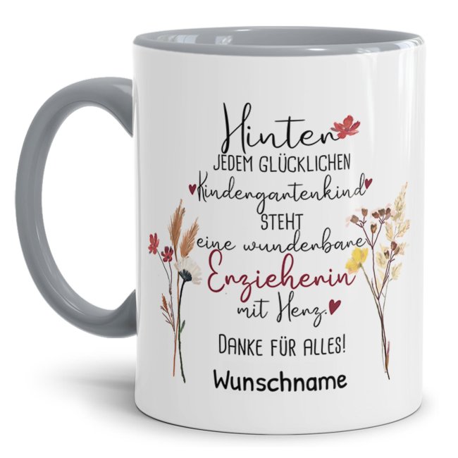 Tasse f&uuml;r Erzieherin - Hinter jedem Kind - Blumen - mit Name personalisierbar - Grau
