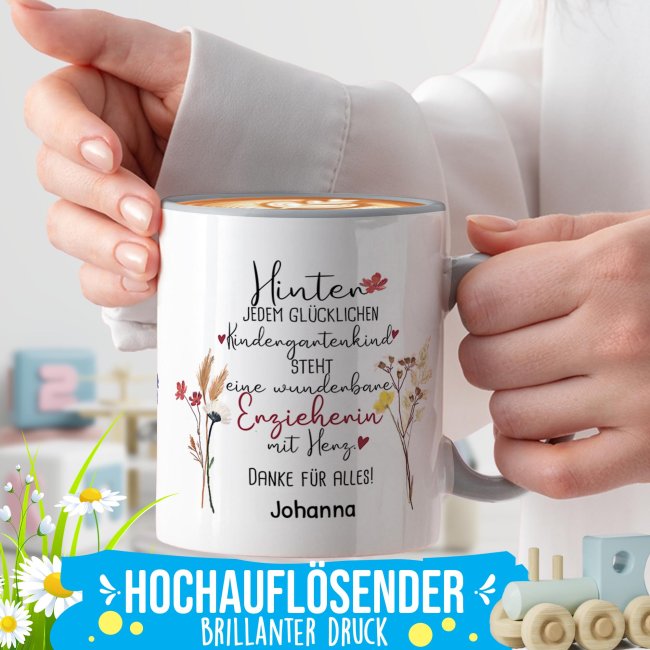 Tasse f&uuml;r Erzieherin - Hinter jedem Kind - Blumen - mit Name personalisierbar - Grau