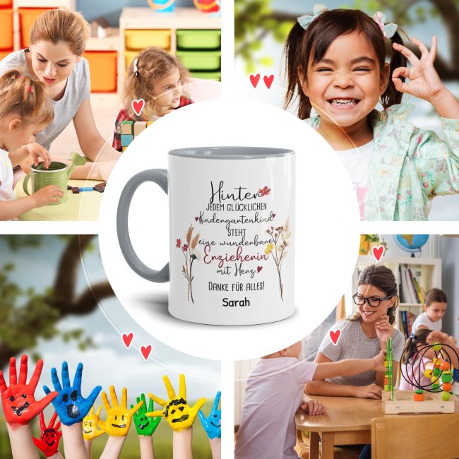 Tasse f&uuml;r Erzieherin - Hinter jedem Kind - Blumen - mit Name personalisierbar - Grau