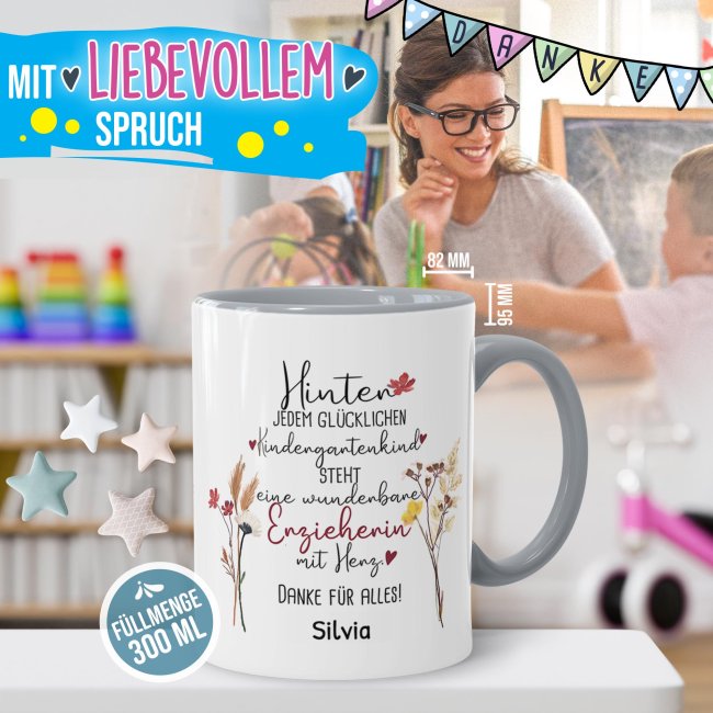 Tasse f&uuml;r Erzieherin - Hinter jedem Kind - Blumen - mit Name personalisierbar - Grau