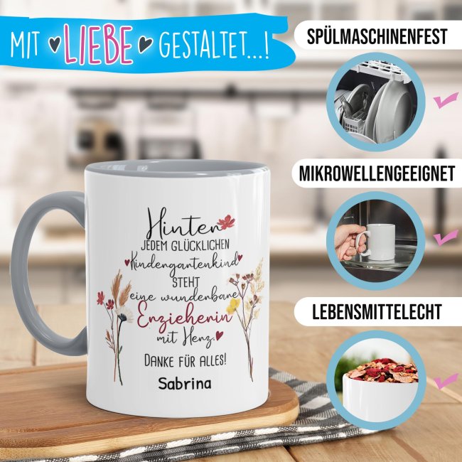 Tasse f&uuml;r Erzieherin - Hinter jedem Kind - Blumen - mit Name personalisierbar - Grau