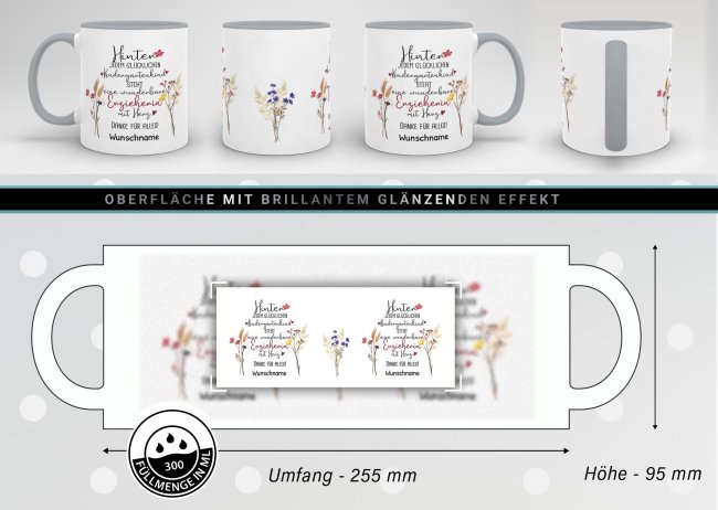 Tasse f&uuml;r Erzieherin - Hinter jedem Kind - Blumen - mit Name personalisierbar - Grau