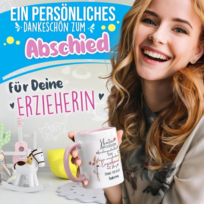 Tasse f&uuml;r Erzieherin - Hinter jedem Kind - Blumen - mit Name personalisierbar - Rosa