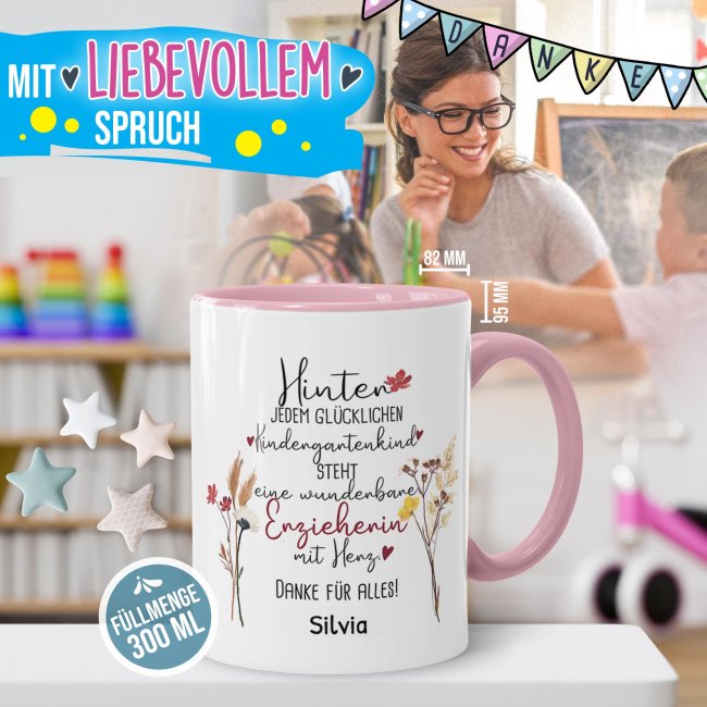 Tasse f&uuml;r Erzieherin - Hinter jedem Kind - Blumen - mit Name personalisierbar - Rosa